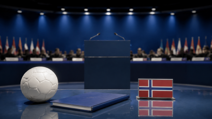 Bola de futebol, púlpito e bandeira da Noruega em ilustração sobre crise na Fifa