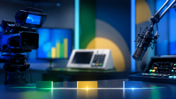 Câmera de televisão, microfone de rádio e urna eletrônica ilustram propaganda eleitoral