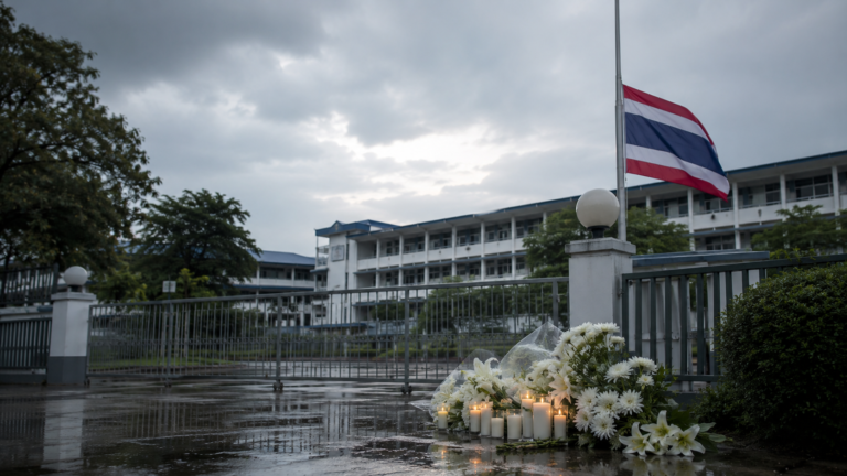 Flores e velas diante de escola com bandeira da Tailândia a meio mastro