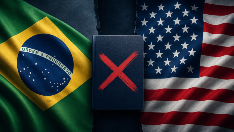 Bandeiras do Brasil e dos Estados Unidos separadas por passaporte com marca de cancelamento