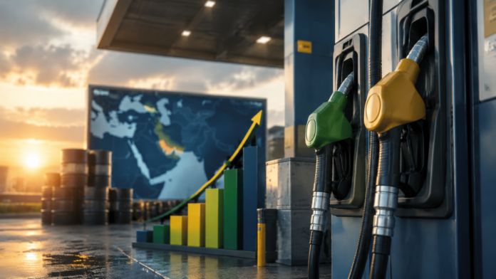 Bombas de combustível e gráfico de preços ilustram subsídios à gasolina e ao diesel