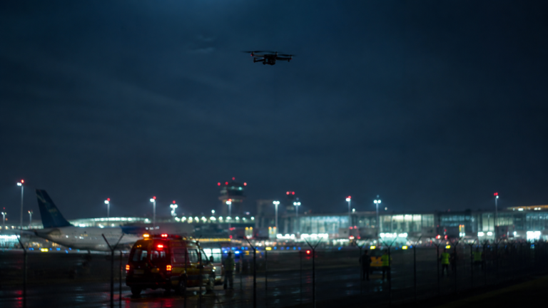 Drone sobrevoa aeroporto europeu durante operação noturna de segurança