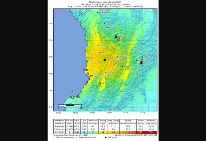 Mapa do USGS mostra a intensidade do terremoto de magnitude 7,4 no oeste da Colômbia